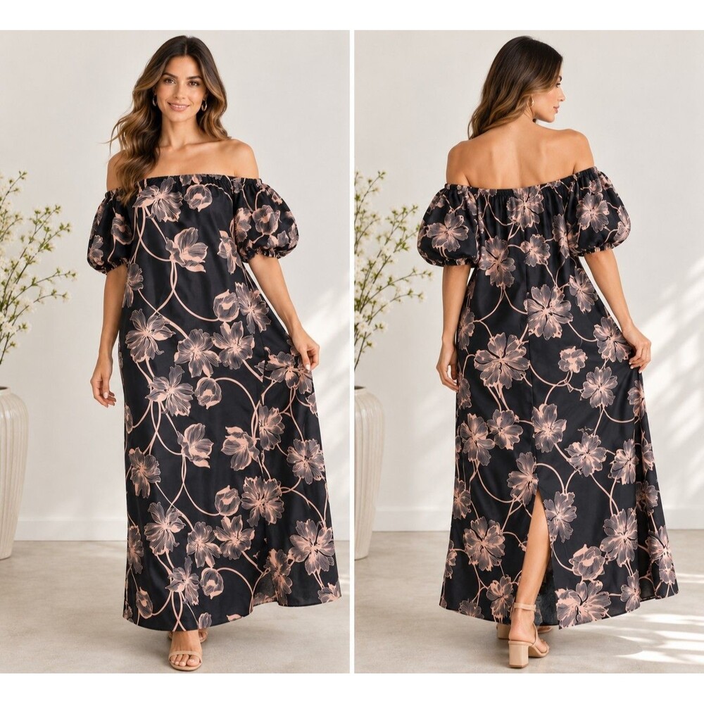 Hutch Womens Maxi Dress Size M NWT Black Blush Floral Off Shoulder Puff Sleeve
